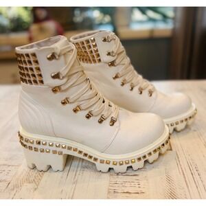 White Studded Combat Boots Chunky Platform Heel Gold Studs Lace Up Ankle Boots
